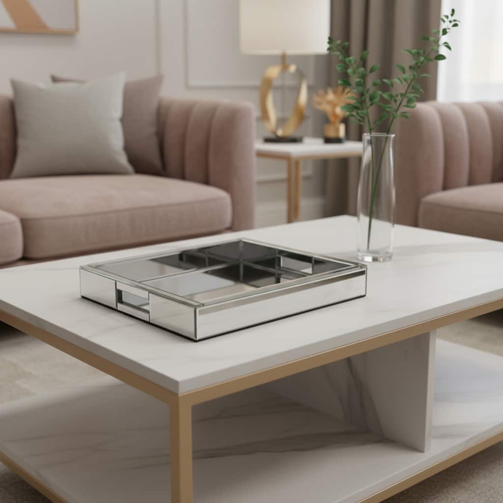 HomeRoots 16" Silver Mirrored Glass Serving Tray With Handles - 16.14 in. x 14.17 in. x 2.36 in.