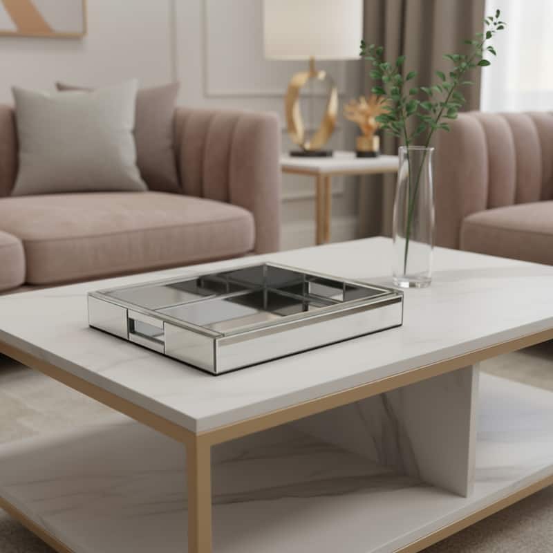 HomeRoots 16" Silver Mirrored Glass Serving Tray With Handles - 16.14 in. x 14.17 in. x 2.36 in. - Silver - 16.14 in. x 14.17 in. x 2.36 in.