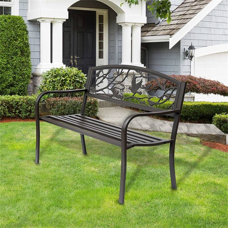 Outdoor Steel and Cast Iron Garden Bench with Animal Pattern Back Double Seat Patio Bench for Yard Porch and Garden