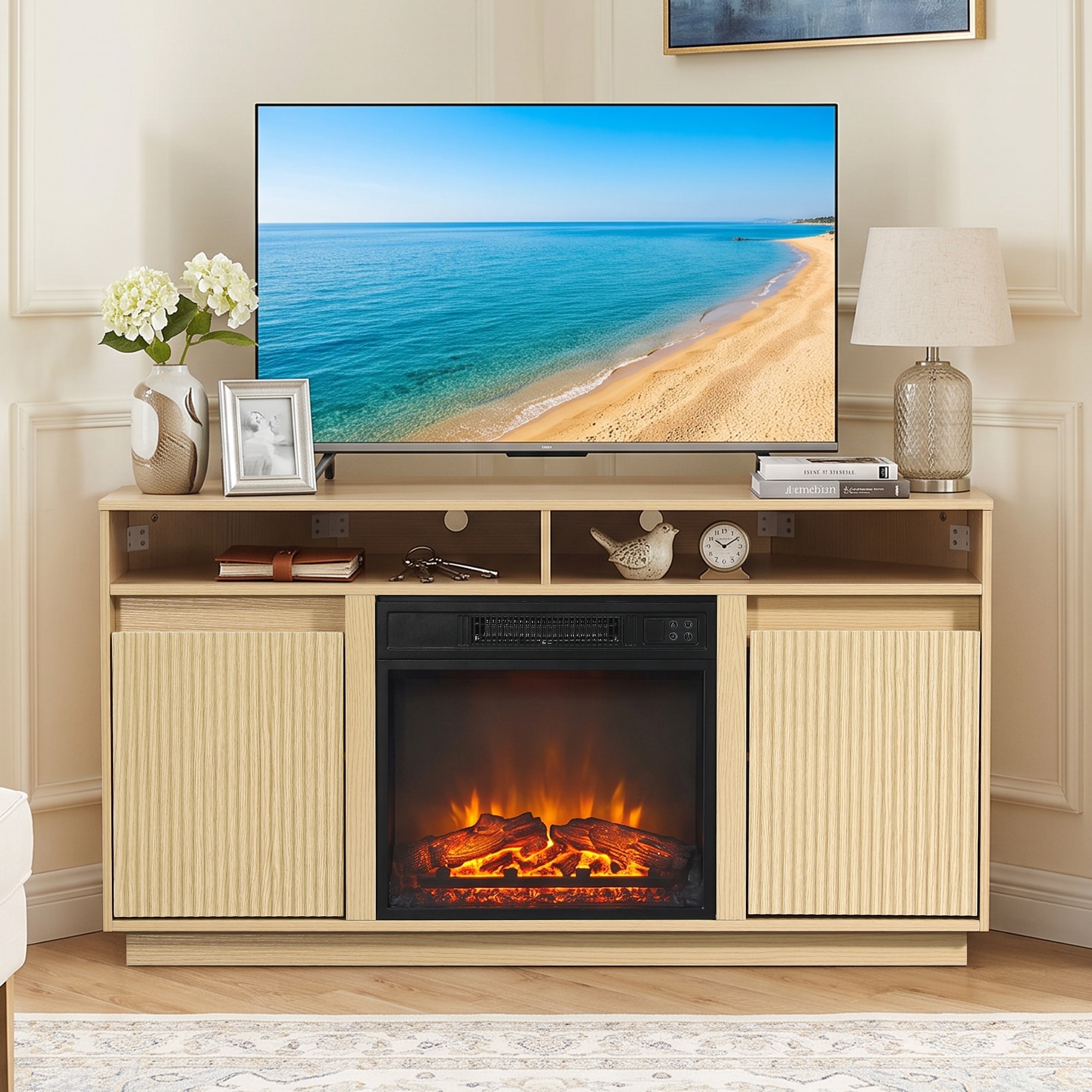 47 Inch Modern Farmhouse Natural Wood Fluted Door Corner TV Stand Console Table with 18" Electric Fireplace