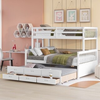 Separable Twin Over Full Bunk Bed Storage Platform Bed with with Pull-out Trundle, Drawers, Ladder and Safety Fence