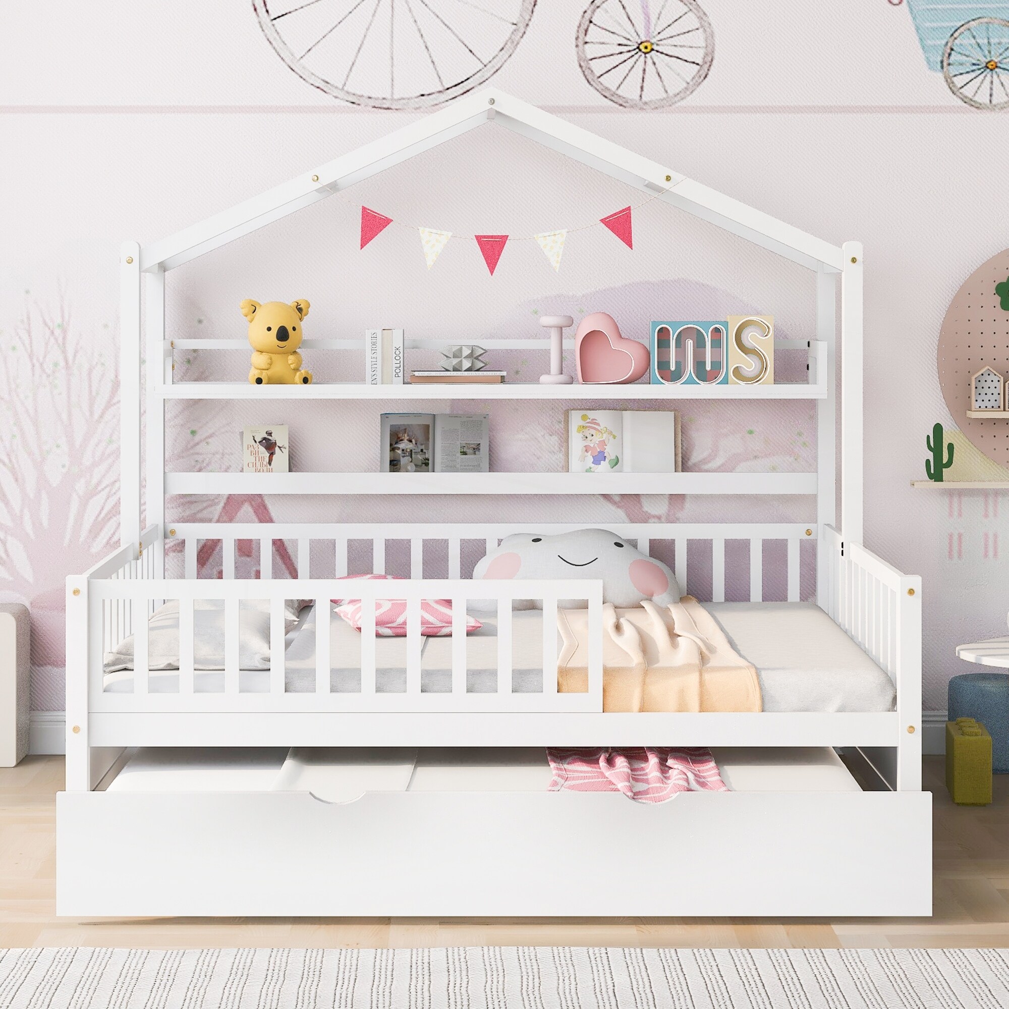 Wooden House Bed with Trundle,Kids Bed with Shelf