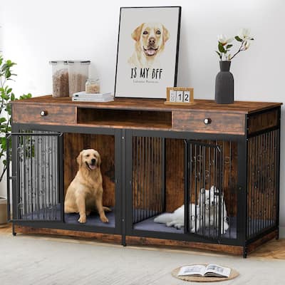 70.86'' Dog Crate Furniture Large Breed TV Stand with 2 Drawer & Double Rooms