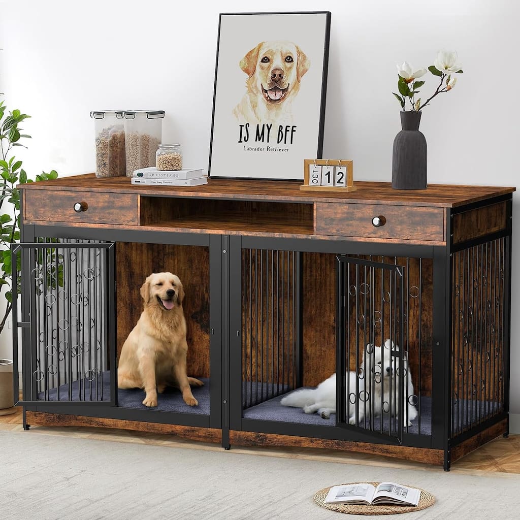 70.86'' Dog Crate Furniture Large Breed TV Stand with 2 Drawer & Double Rooms