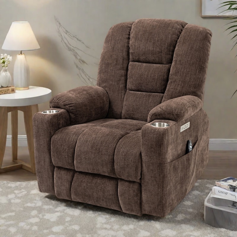 Power Lift Recliner Chair with Dual USB Ports, Cup Holders, Chenille Fabric, 155° Recline, Easy Assembly - Brown