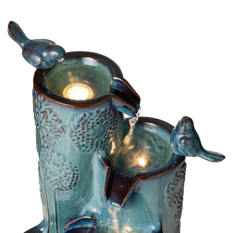 Glitzhome 27" H 4-Tier LED Ceramic Outdoor Floor Fountain with Birds, Cobalt Blue Turquoise Dandelion Texture Vase-Shaped