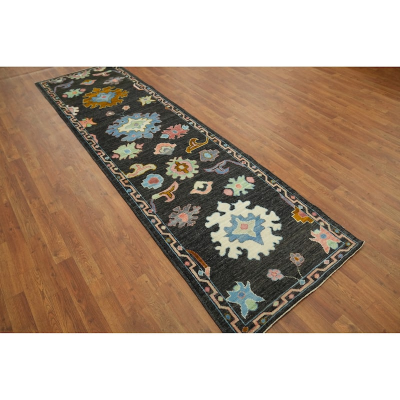 Black Floral Oushak Vegetable Dye Runner Rug, Floral Geometric Carpet - 9' 9'' X 2' 10''