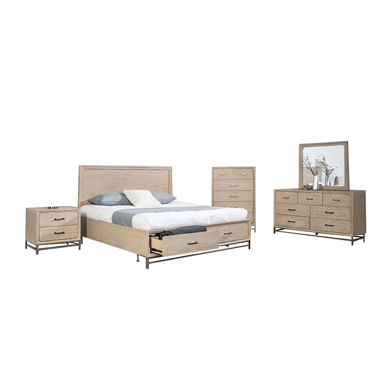 Rozie 5pc Queen Bedroom Set with Mirror, 2 Nightstand, Light Oak Brown