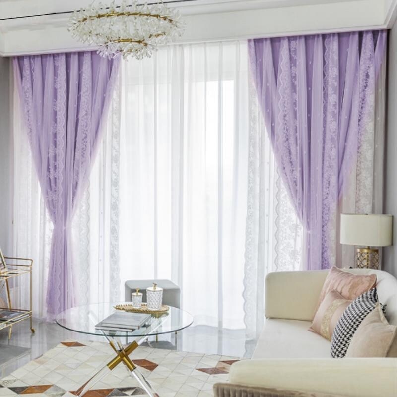 Double Layer Lace Fabric Shading Curtains, Blackout Perforated