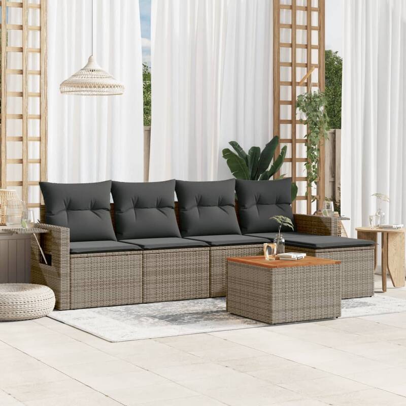 vidaXL Garden Sofa Set 6 Piece with Cushions Outdoor Sofa Set Poly Rattan - 21.7 x 21.7 x 14.6 in (W x L x H) - Grey