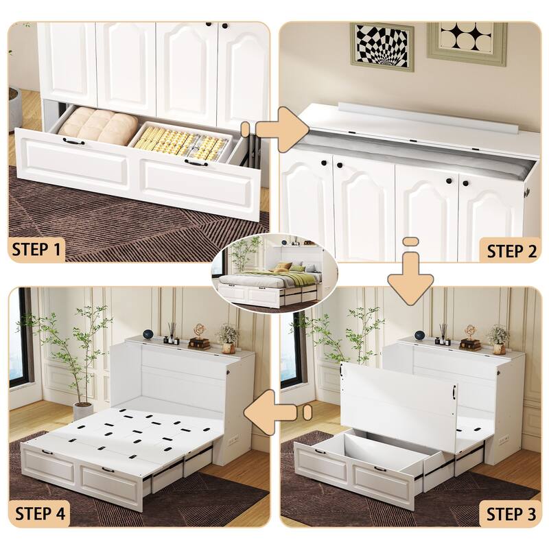 Murphy Cabinet Bed with Charging Station & Storage Drawer, Foldable Platform Bed for Small Spaces