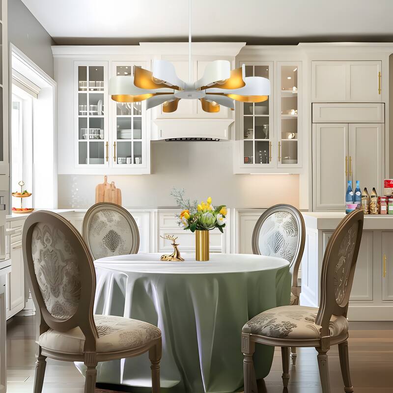 Modern White Gold 6-Light Chandelier with Flower-Design Shade for Kitchen Dining Room - 31.4 " × 3.7 "