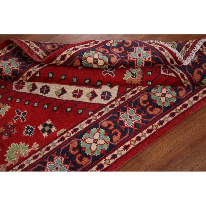 Geometric Red Kazak Oriental Foyer Rug Hand-Knotted Wool Carpet - 3'3" x 4'9"