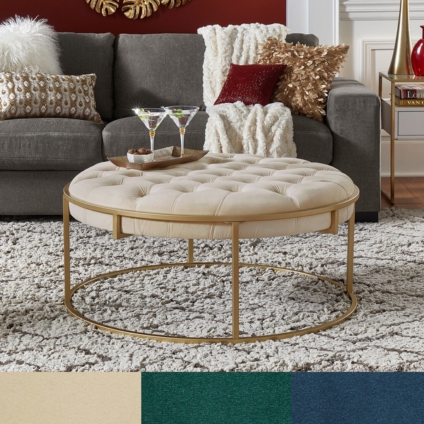 Perdita Gold Finish Velvet Round Tufted Cocktail Ottoman by iNSPIRE Q Bold. Opens flyout.
