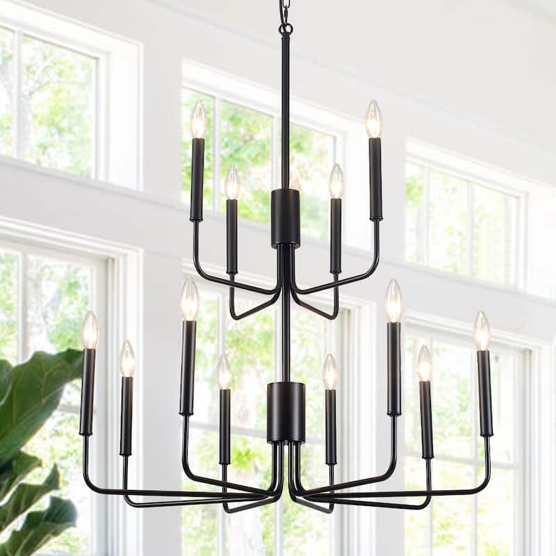2-Tier Candle Style Chandelier Farmhouse Light Fixture for Living Room Kitchen Island Bedroom Entryway - N/A - Black