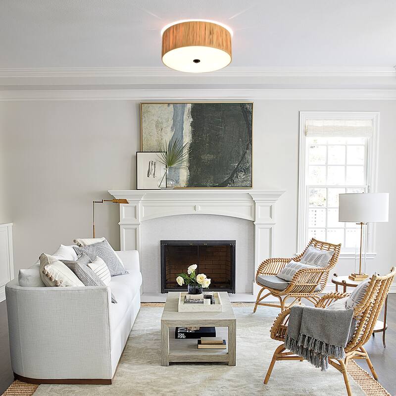 4-Light 16 in. Natural Farmhouse Flush Mount Ceiling Light with Raffia and Acrylic Shade