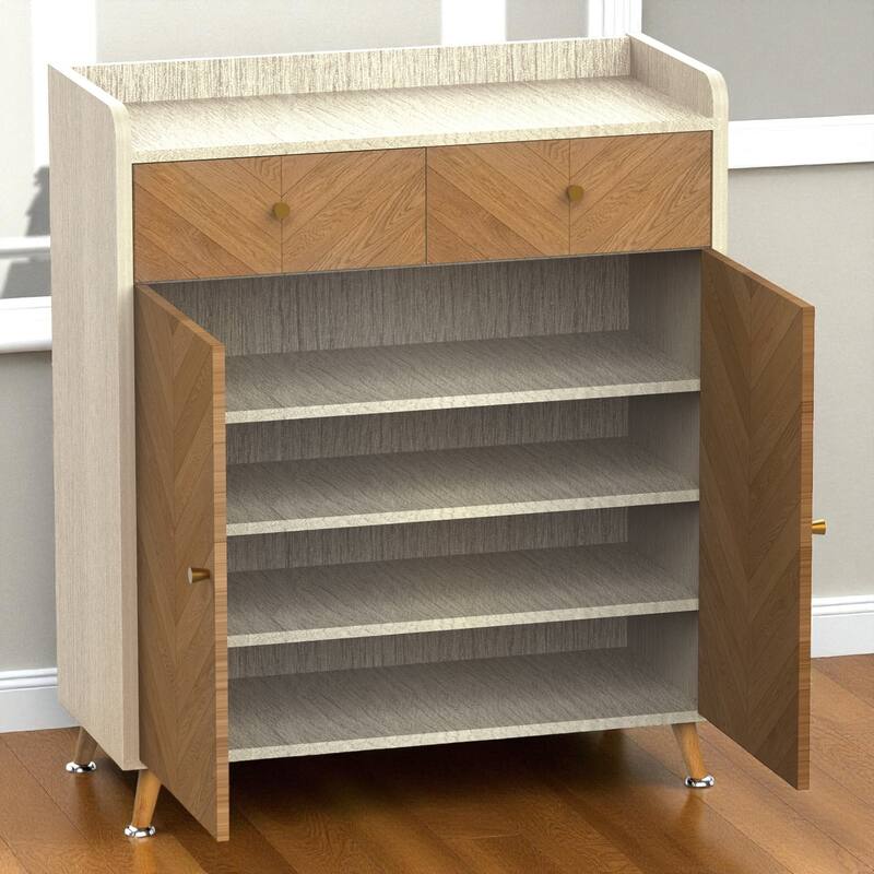 Modern 4-Tier Shoe Cabinet with 2 Drawers and Adjustable Shelves, Herringbone Wooden Freestanding Shoe Storage for Entryway