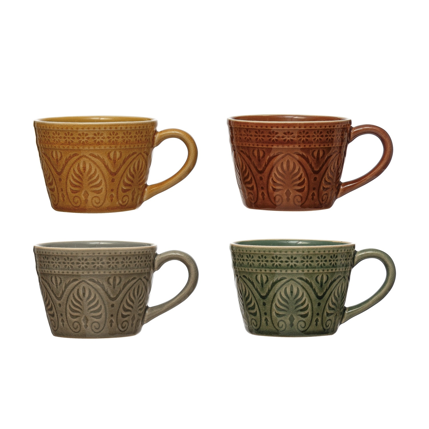 Debossed Stoneware Mugs, Crackle Glaze, 4 Colors, Set of 4