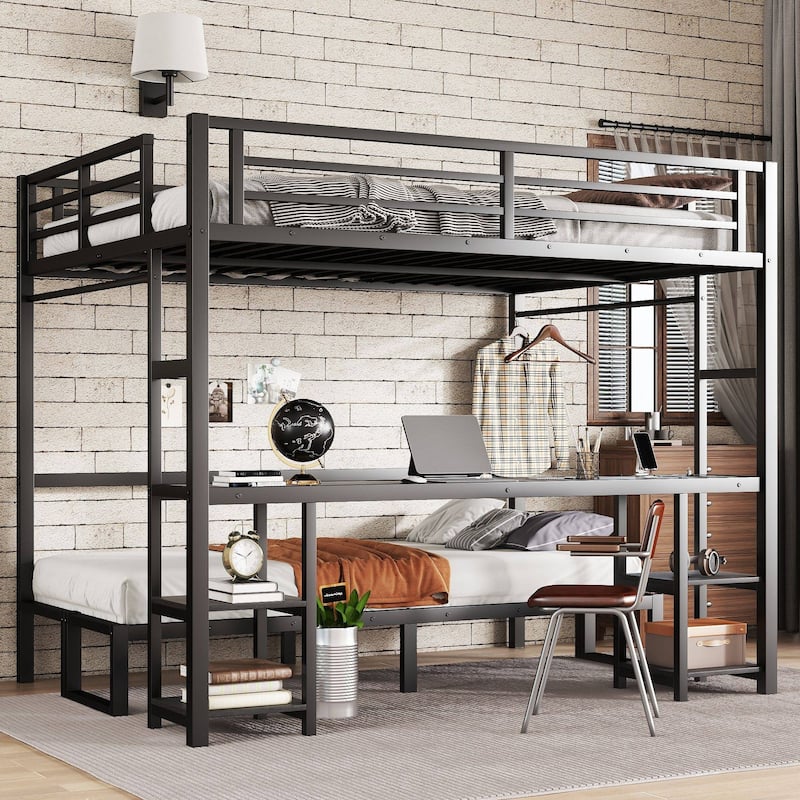 Multi-Functional Queen Over Twin XL Bunk Bed with Desk, Sofa Conversion, LED, USB, and Storage