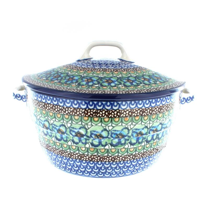 Blue Rose Polish Pottery 278 Ceramika Artystyczna Covered Round Baker - Mardi Gras