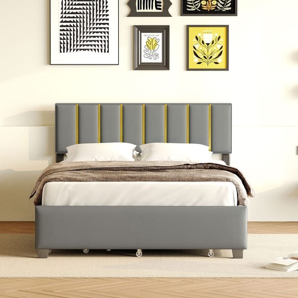 slide 2 of 14, Upholstered Frame Platform Queen Size Bed with 2 Drawers, Pull-out Trundle and Classic Metal Strip Headboard Design Wingback Bed Gray - Queen
