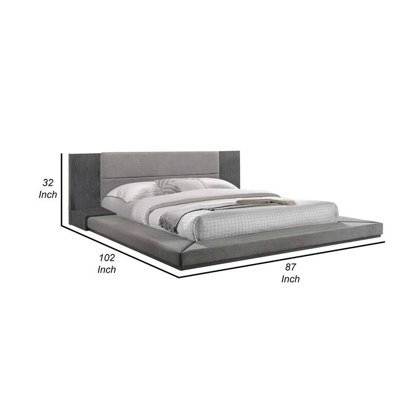 Noe Ruby King Bed Low Height with Built in Nightstands, Gray Upholstery