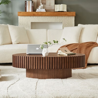 Handcraft Coffee Table Dining Table with Wood Relief, Oval End Table Accent Table with Sturdy Pedestal