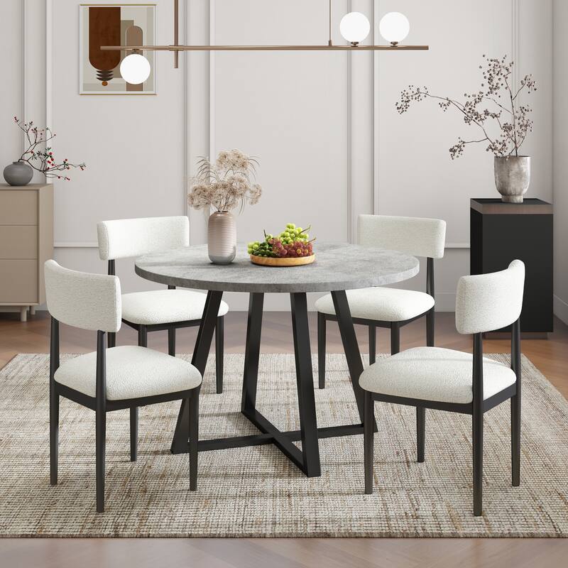 Roundhill Furniture Edo 5-Piece Dining Set, Round Table with 4 Upholstered Chairs, - Gray and Black