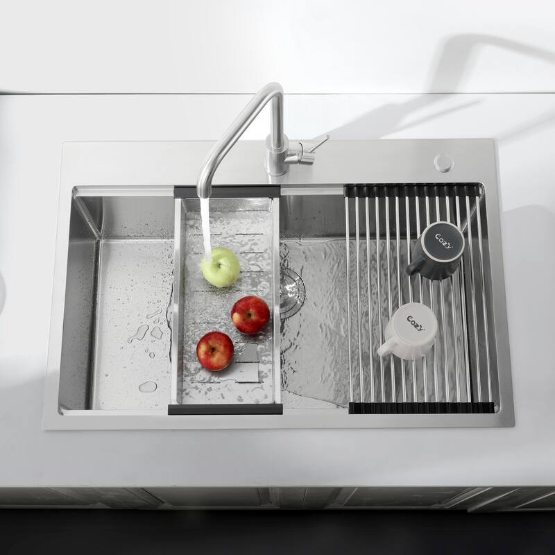 Dark Gray 33 Inch Single Bowl Overmount Kitchen Sink 304 Stainless Steel Brushed Chrome with Cutting Board, Dish Grid