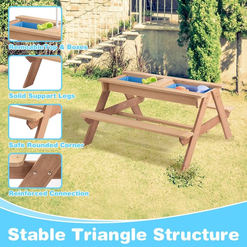 3-in-1 Kids Outdoor Wooden Picnic Table With Umbrella, Convertible Sand & Water