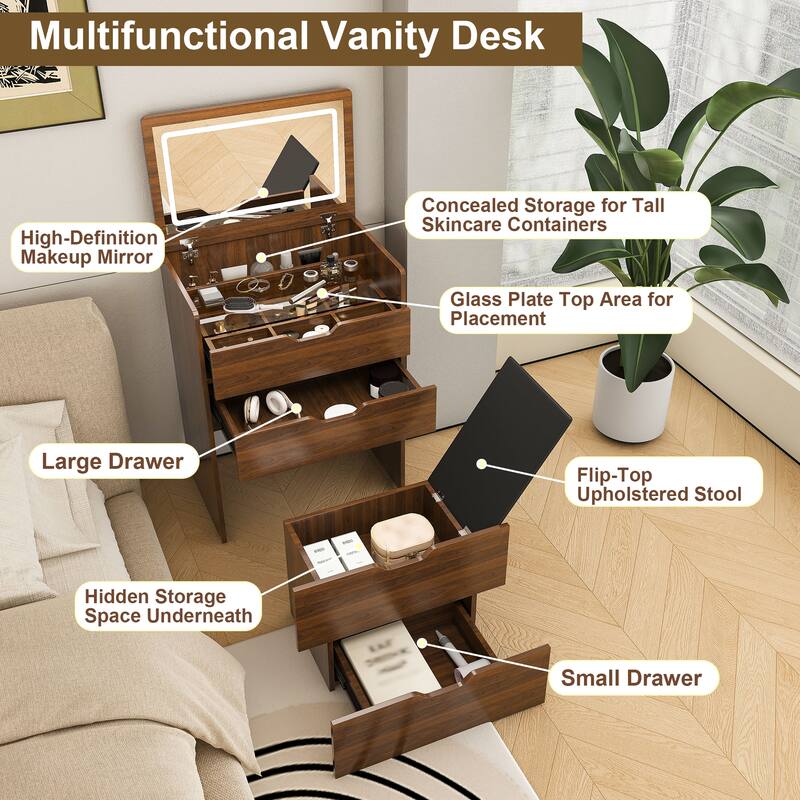 3-in-1 Vanity Desk with Lighted Mirror & Stool, Flip Top Makeup Dressing Table, Compact Storage for Bedroom, Bathroom