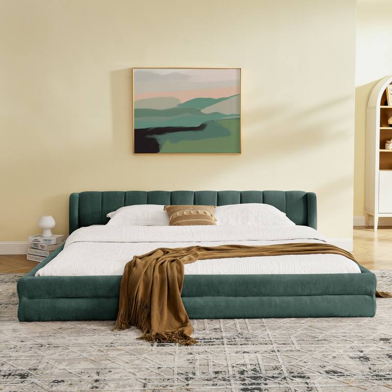 King Upholstered Bed Frame with Plush Chenille Fabric & Solid Headboard