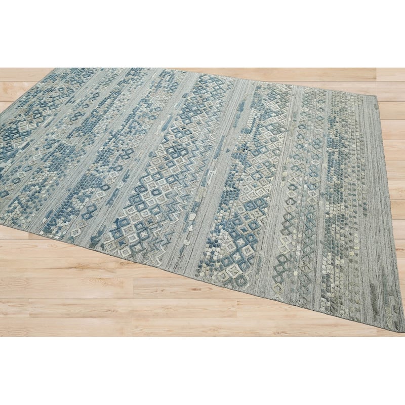 Hand Knotted Textured Gray,Blue Tibetan Wool Modern Oriental Area Rug - 6' x 8' 11''