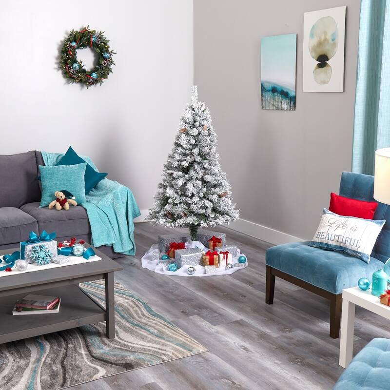 5' Pre-Lit Flocked Artificial Christmas Pine Tree, Clear LED Lights - 5 Foot