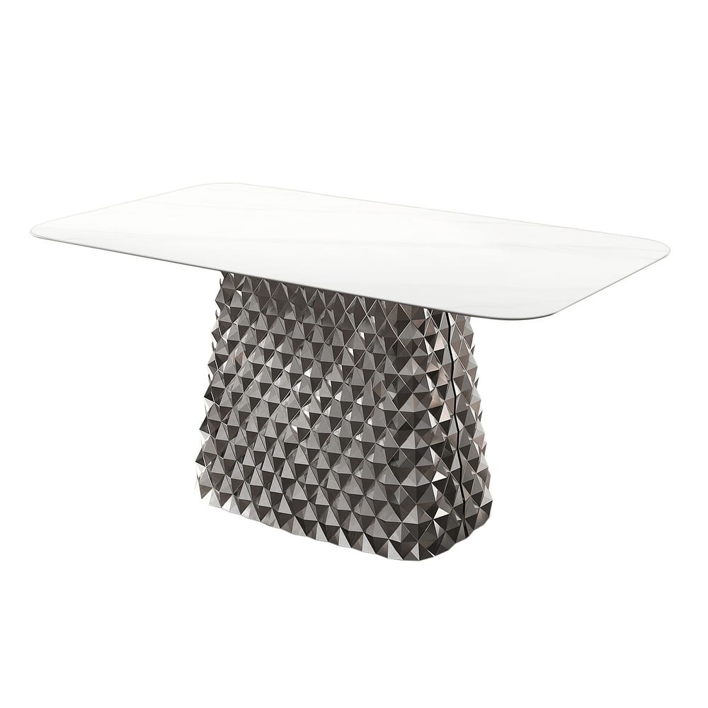 Modern Rectangle Stone Stainless Steel Hydrographic Mirror Pedestal Dining Table