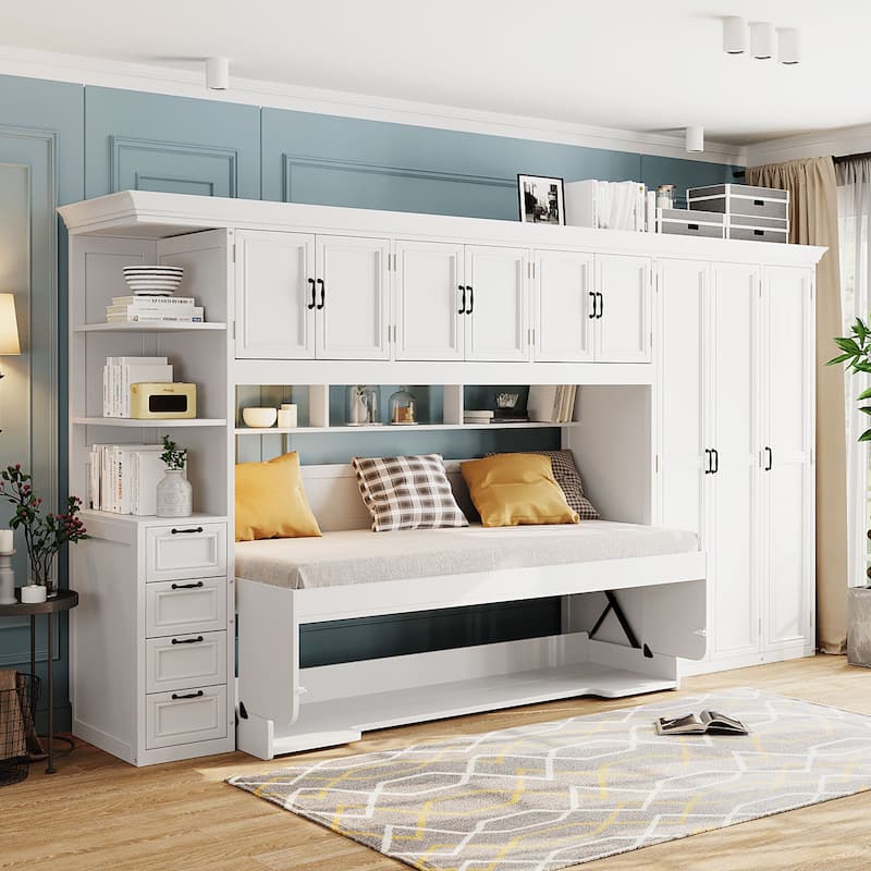 Versatile Twin Size Murphy Bed Fold-down Storage Wall Bed with Temporary Desk, Top Cabinets, Side Wardrobe, Drawers and Shelves
