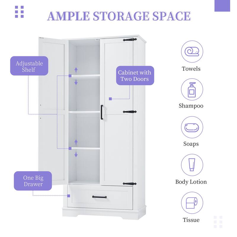 Tall Bathroom Storage Cabinet with 2 Doors, 1 Drawer & Adjustable Shelf