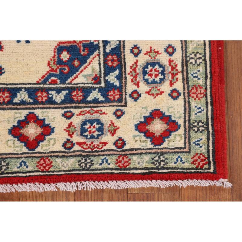 Beige / Ivory Geometric Kazak Accent Rug Hand-Knotted Wool Carpet - 2'9" x 3'10"