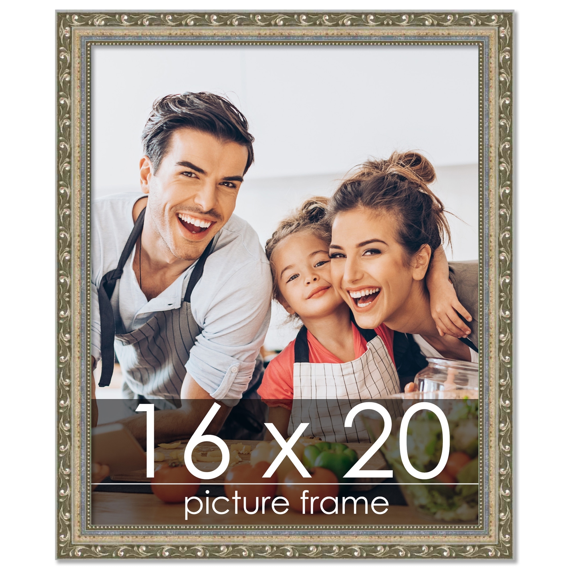 16x20 Frame Silver Ornate Antique Solid Wood Picture Frame UV Acrylic Foam Board Backing Hanging Hardware Included