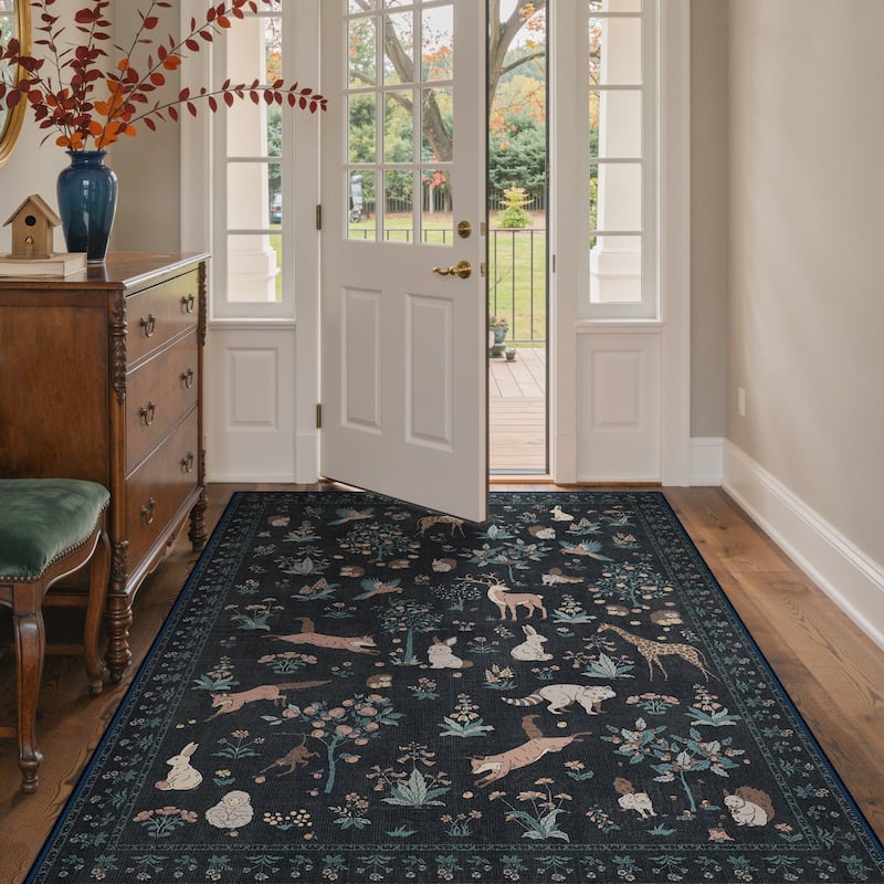 Mcow Woodland Friends Animal Print Low-Pile Machine-Washable Area Rug