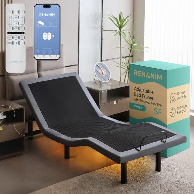 Renanim SF Adjustable Bed Frame, Dual Massage, USB, Underbed Light, App Control, Head and Foot Incline, Reclining Base