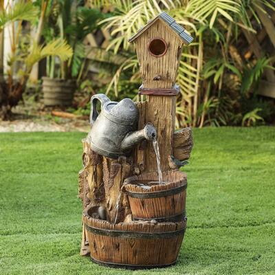 Farmhouse Resin Bird House Post and Water Can Outdoor Fountain