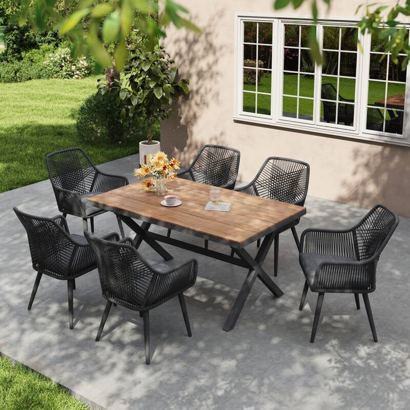 7-Piece Outdoor Dining Set - Iron Frame with Cross Wicker Back Chairs & X-Base Table - Black Chair