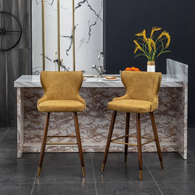 Nailhead Trim High Bar Stool, Faux Leather Bistro Counter Chair with Horn Backrest Kitchen Island Dining Chair, Set of 2