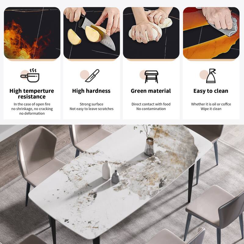 70.87"Modern artificial stone Pandora white curved black metal leg dining table-can accommodate 6-8 people