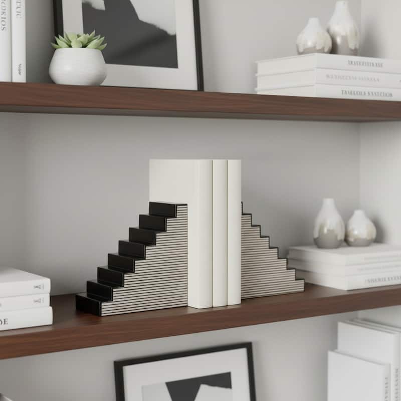 Decorative Striped Stair-Step Bookends - Set of 2, 6", Black & White - 6.0" - 6.0" - Black/ White