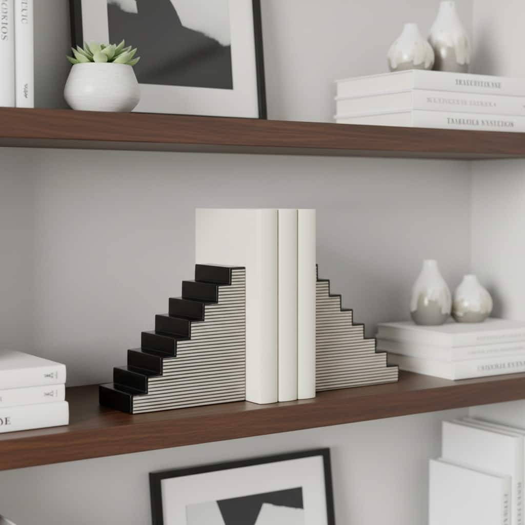 Decorative Striped Stair-Step Bookends - Set of 2, 6", Black & White - 6.0"