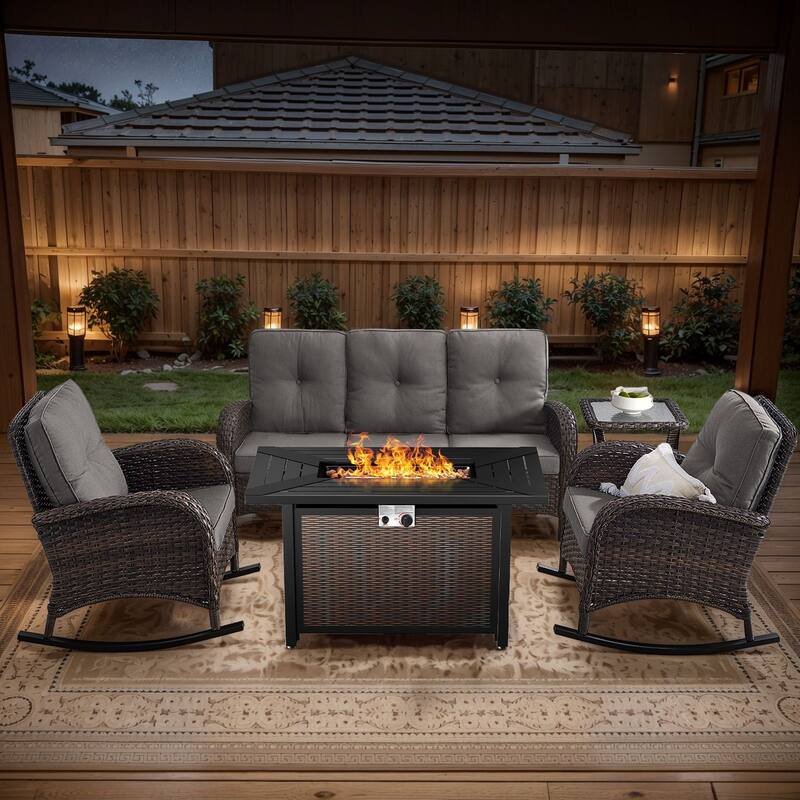 Gymojoy Outdoor Fire Pit Conversation Set, 3-Seat Sofa & Chairs Patio Furniture Set - 5-Piece included Rocking Chairs - Grey