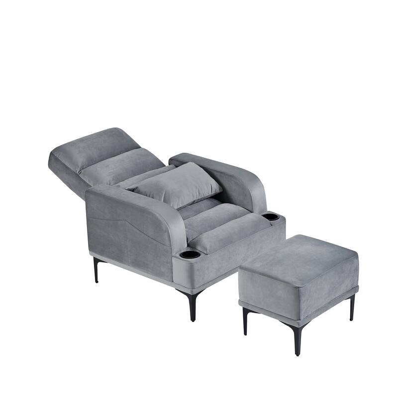 Accent Chairs with Ottoman, Velvet Fabric Armchair with Ottoman for Bedroom Living Room, Adjustable Backrest and Side Pockets