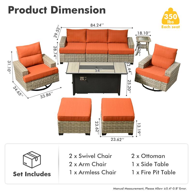 HOOOWOOO 9-piece Outdoor Wicker Furniture Swivel Rocking Chair Set with Fire Pit Table